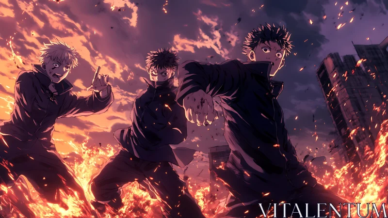 Dynamic anime trio amid urban inferno with dramatic perspective.