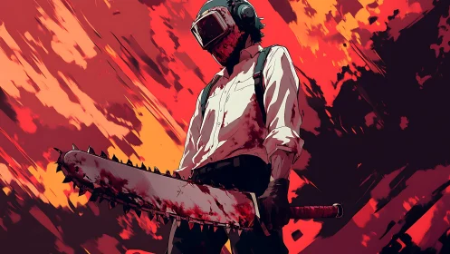 Chainsaw wielding masked figure in red abstract background.