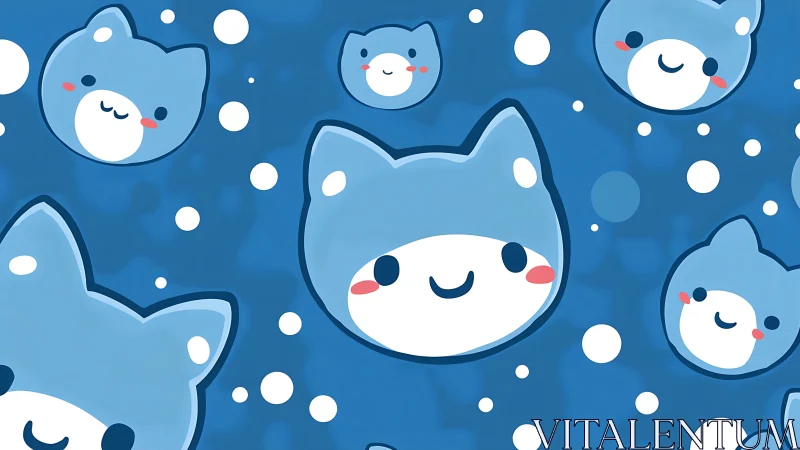 Kawaii Cats Among Floating Orbs in Serene Blue Space.