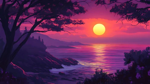 Vibrant coastal sunset with layered silhouettes and reflective gradients