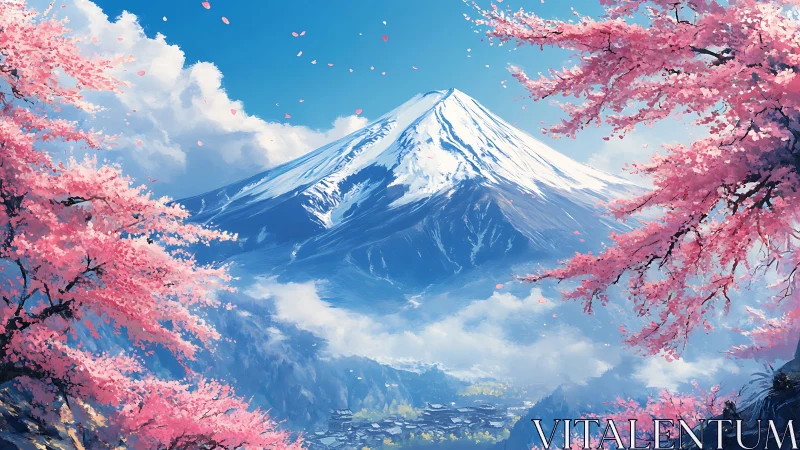Snowcapped mountain rises beyond vibrant cherry blossoms in spring