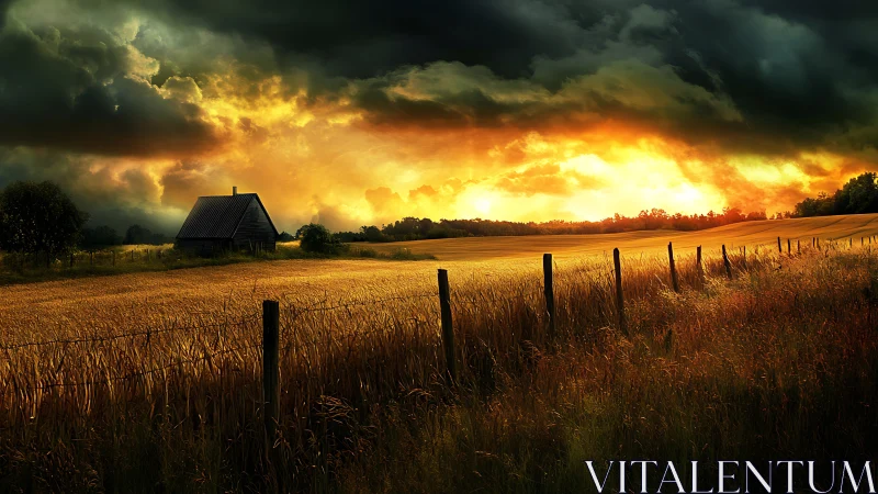 Dramatic sunset sky engulfs rural wheat field and farmhouse