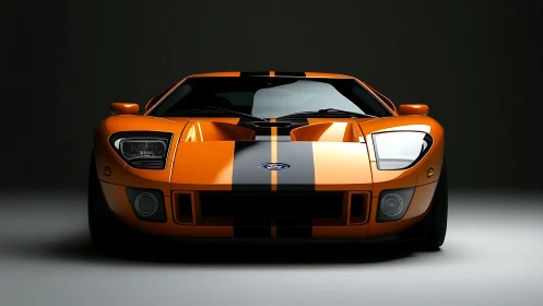 Molten orange Ford GT snarls under sculpted studio light.