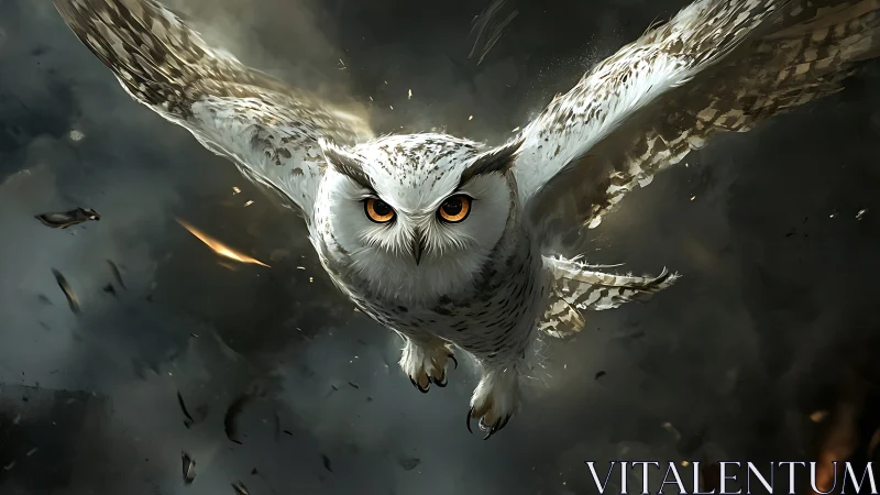 Majestic White Owl in Dramatic Flight, Digital Fantasy Art.