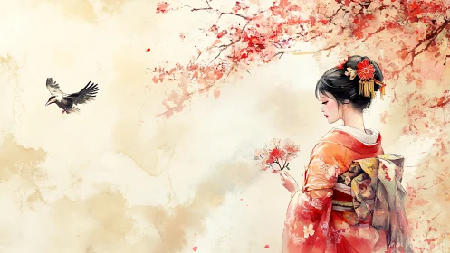 Elegant geisha contemplates blossoms beneath soft sakura sky.