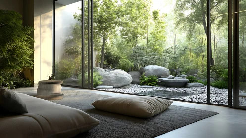 Interior seating faces glass wall overlooking landscaped garden