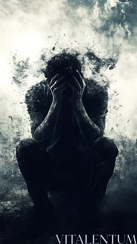 Shattered figure crouches in storm of dissolving shadow.