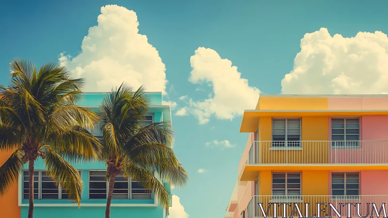 Colorful palm-lined apartments under bright summer sky.