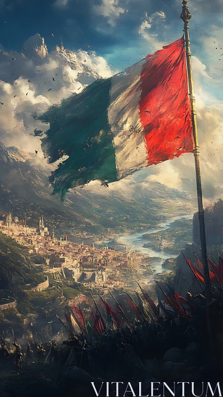 Tri-color standard above mountainous fortified river valley.