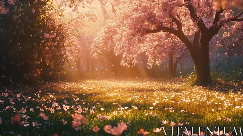 Backlit cherry blossom grove with golden volumetric sunlight