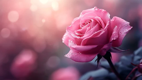 Pink Rose Glistening With Dew Drops.