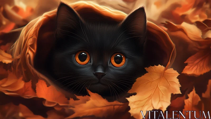 Midnight Feline's Amber Gaze in Autumn's Golden Dance.