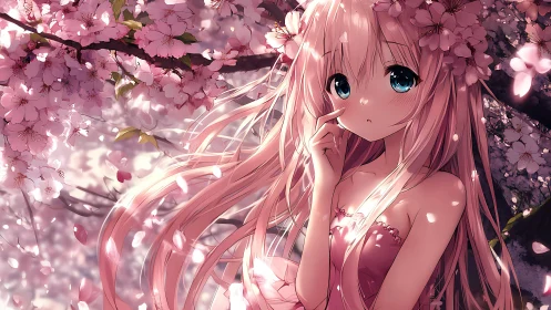 Pink haired anime girl under blooming cherry blossom canopy