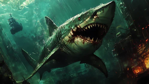 Colossal deep sea shark surging through a flooded cityscape.
