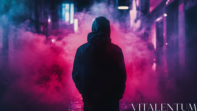 Solitary hooded figure enters neon mist in cyber-lit alleyway