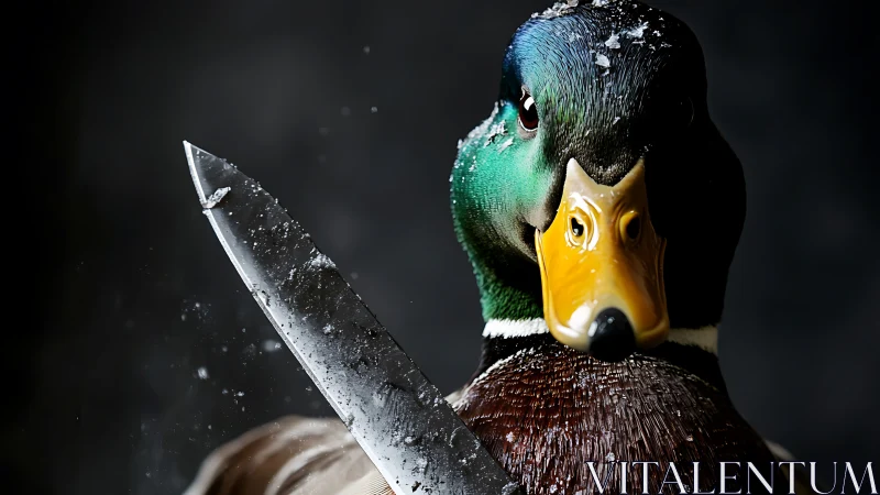 Mallard drake close-up with large knife in foreground.
