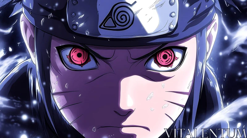 Intense anime ninja close-up with glowing scarlet eyes.