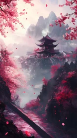 Crimson petal temple dreaming in mist wrapped mountainscape.