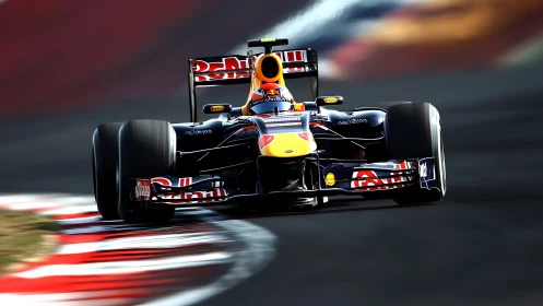 Red Bull Formula racer slicing through a molten racetrack.