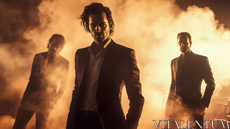 Stylish male trio emerge through cinematic golden stage fog.