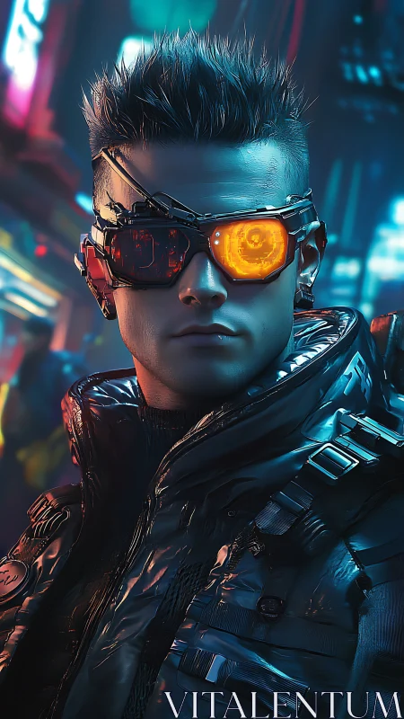 Cybernetic male subject with glowing visor in neon cityscape.