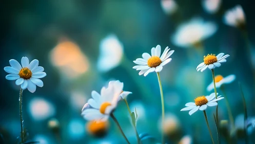 White Daisies with Golden Centers in Soft Focus Teal Garden