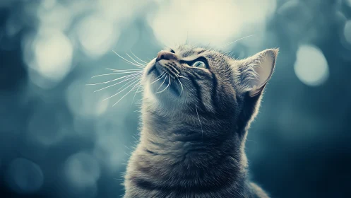 Tabby Cat Gazing Upward with Bokeh Background.