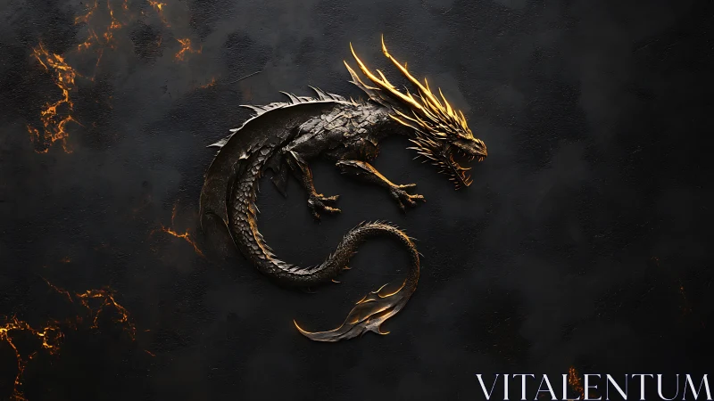 Metallic dragon emblem on dark cracked molten stone