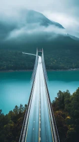 Suspension roadway slicing turquoise fjord beneath misted massif.