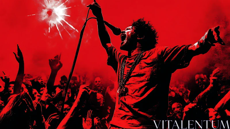 Red-toned concert crowd and singer in graphic silhouette.