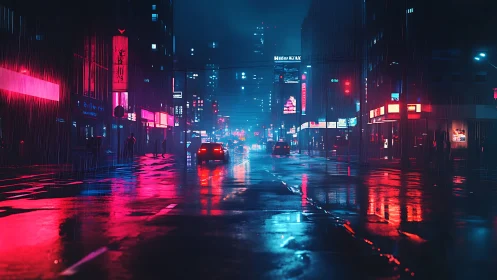 Cyberpunk rain-soaked avenue with neon-lit vanishing point.