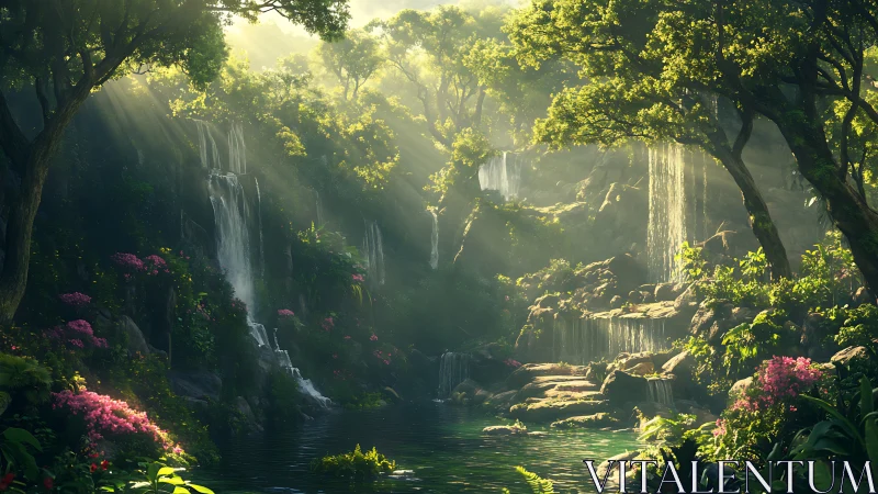 Luminescent Gorge Sanctuary with Cascading Waters and Floral Canopy.