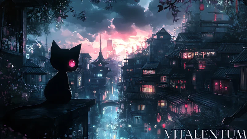 Curious black cat watching a dreamy neon city at dusk.