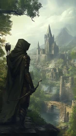 Hooded archer observing fortified riverside fantasy citadel.