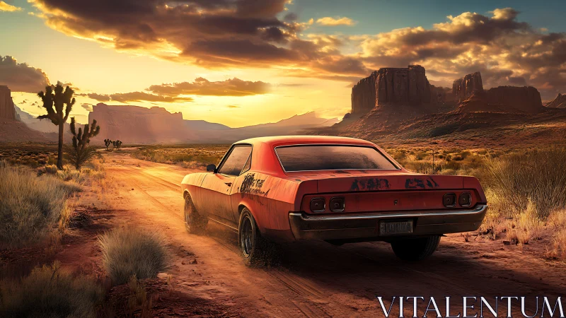 Sunlit muscle car roars along dusty road through desert mesas