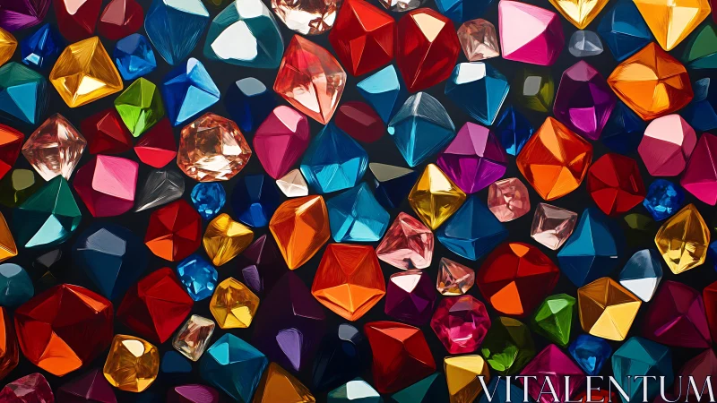 Assorted multicolored geometric gemstones on dark background.