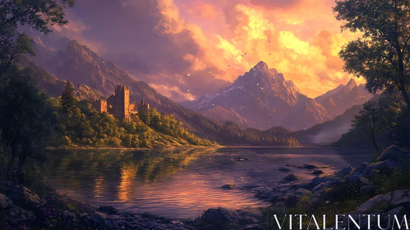 Twilight castle stronghold beside alpine lake under glowing sky