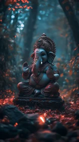 Gentle Ganesha statue glows softly in a misty forest shrine