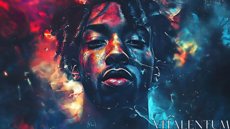 Neon-lit portrait merges fire and ice in electric contrast.