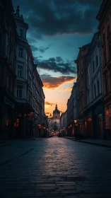 Old European street glows under moody twilight sky.