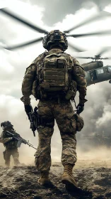 Helicopter thunder crowns a lone soldier in battle haze.