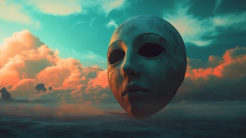 Colossal stone mask floats over surreal teal dusk clouds.