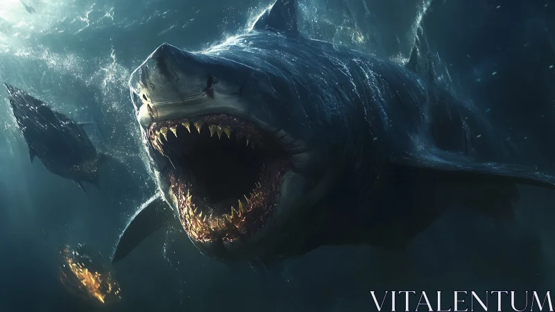 Massive digital shark lunges forward with jaws agape.