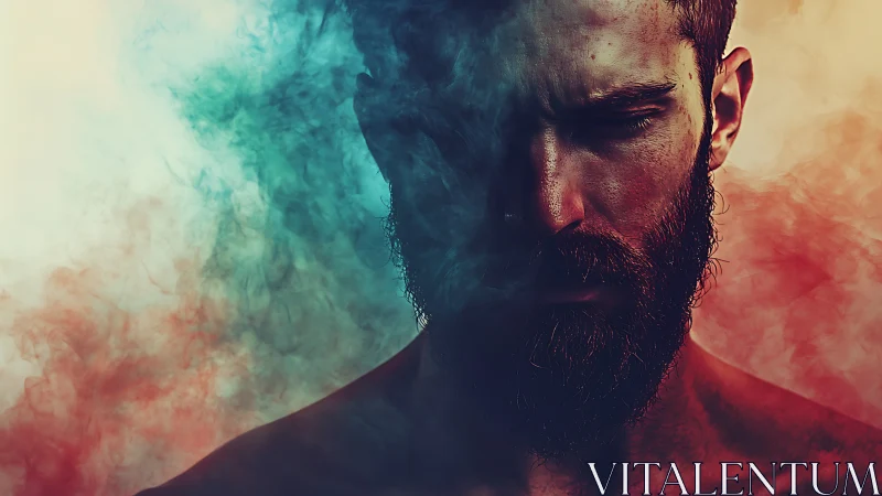 Brooding bearded silhouette splitting fire and smoke moods.