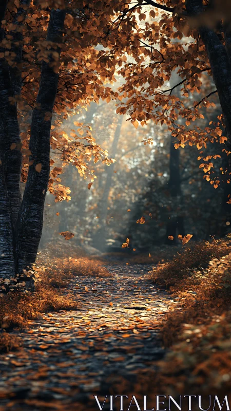 Golden Path Through Autumn's Gentle Embrace.