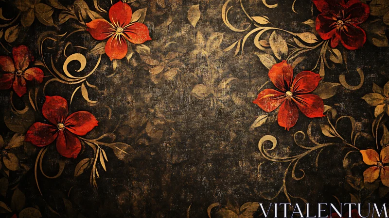 Red floral ornaments on dark textured ornamental background.