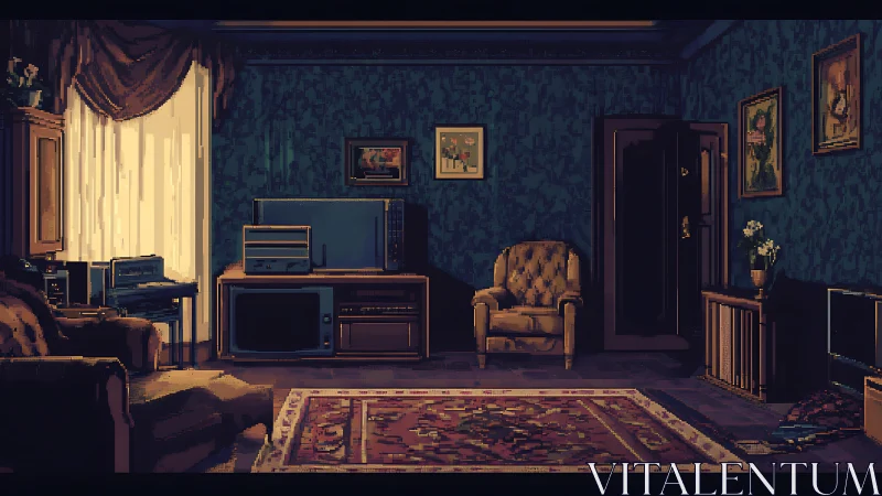 Pixel art living room with vintage electronics and decor.