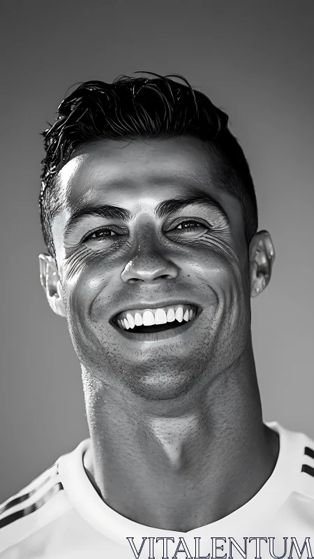 Luminous monochrome grin of an athletic icon in mid-laugh.