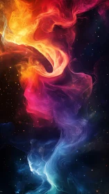 Digital painting of chromatic nebula plume in deep space vertical.