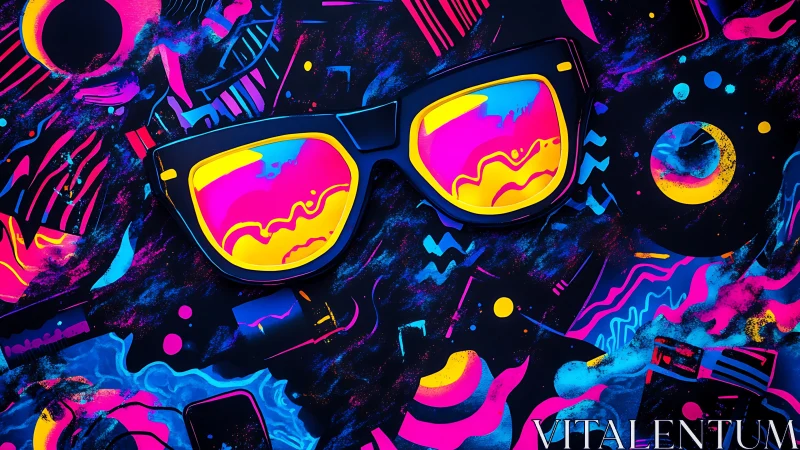 Neon sunglasses lie centered on abstract fluorescent background